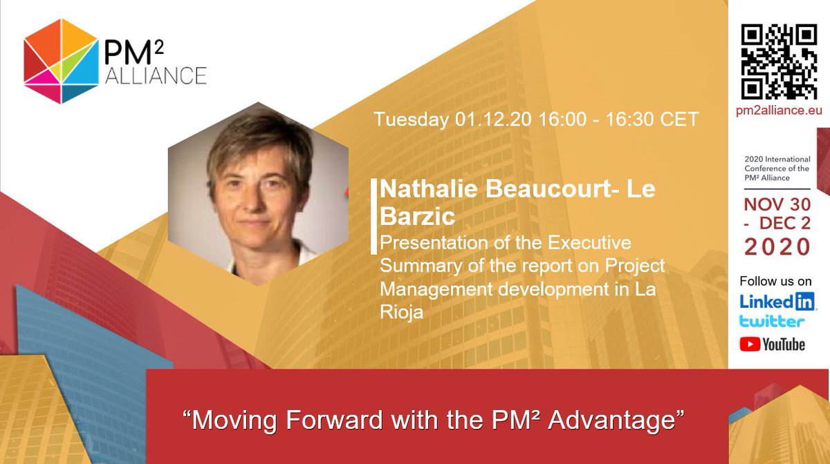 PM2Alliance's tweet photo. The PM² Alliance 2020 International Conference is only two weeks away. Ms Nathalie Beaucourt will deliver a presentation of the Executive Summary of the report on Project Management development in La Rioja.
Register: https://t.co/VlHWWlrIIQ
🗓 01/12/2020🕧 16:00- 16:30
#pm2 https://t.co/eU5bX7EdiM