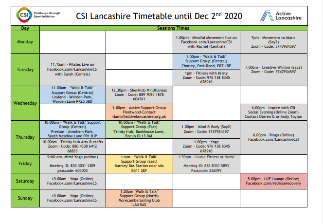 LancashireCSI's tweet photo. Check out our timetable, if you fancy joining us you can join live on Facebook, Zoom or pop along to our face to face sessions. Loads to choose from.
@ActiveLancs 
@MPTLancashire @InspireLancs #newyou 
#mayathonbuddy #buddyboost26 # https://t.co/7dOLxyS040