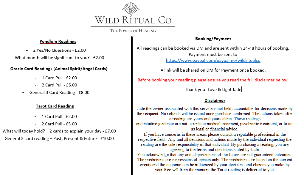 wildritualtarot's tweet photo. Here is my updated list of services featuring all sorts of new readings + an FAQ for any questions you may have! All readings can be booked via DM and are sent within 24-48 hours of booking. Please retweet and share to support 💜🔮 #Tarot #Oracle #DivinationReading https://t.co/3ePE2lksmF