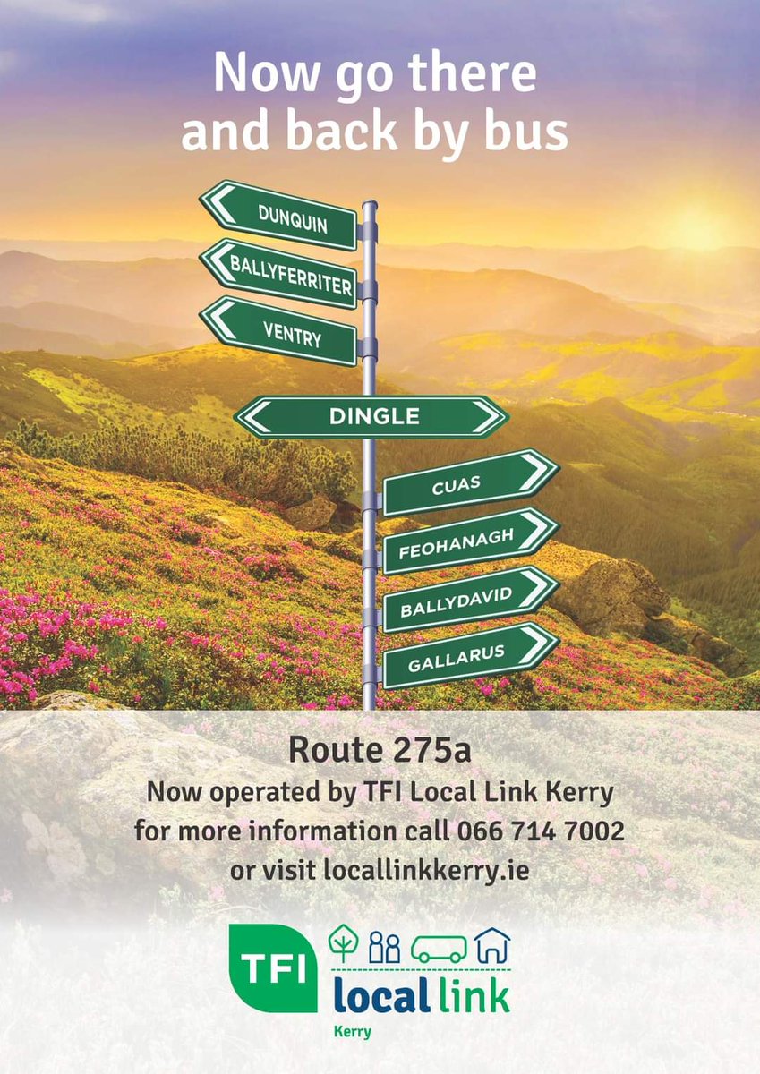 Local Link Kerry is delighted to announce that from Monday 23rd November we will begin operating Route 275a bus services into Dingle from Ballyferriter, Ballydavid, Dunchaoin, Feothanagh, Gallarus &amp; Ventry. 
locallinkkerry.ie/2020/11/tfi-lo…
Timetables available locallinkkerry.ie/dingle