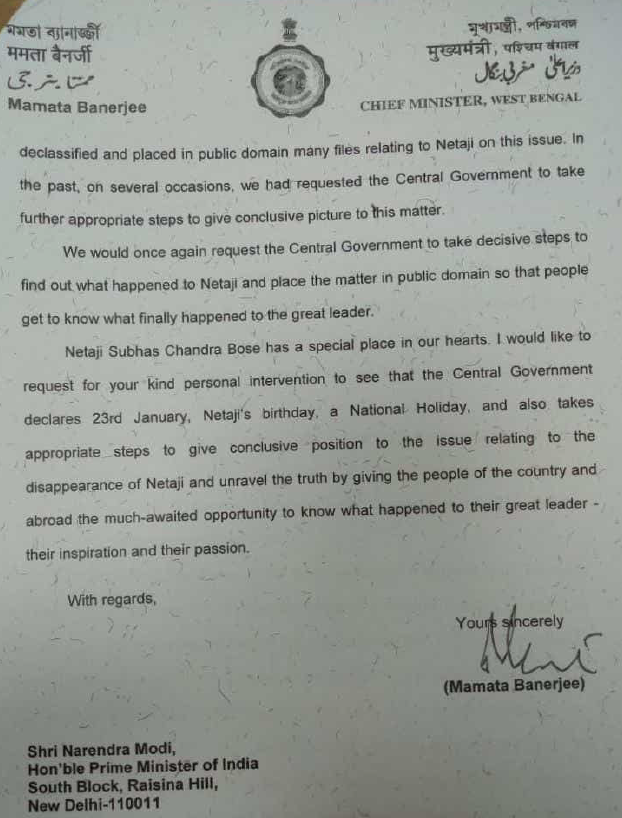 ANI's tweet photo. West Bengal Chief Minister Mamata Banerjee writes to PM Narendra Modi to declare 23rd January, the birth anniversary of Netaji Subhas Chandra Bose, as a national holiday and "take decisive steps to find out what happened to Netaji and place the matter in public domain." https://t.co/tao0iIK23a