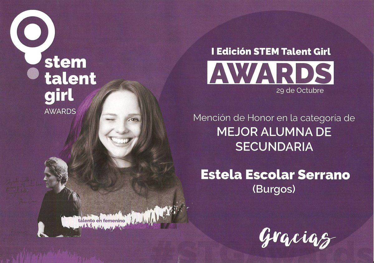 Estela Escolar del <a href="/IesRojas/">IES CARDENAL SANDOVAL Y ROJAS</a> y antigua alumna de la Veracruz ha obtenido una mención de honor en el #stem talent girl, categoría mejor alumna de secundaria. Enhorabuena 🥳🥳 #cientificas #matematicas #ingenieras #tecnologas <a href="/educacyl/">Educación JCyL</a> @StemTalentGirl