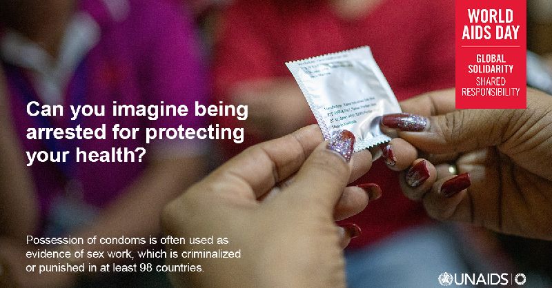 UNAIDS's tweet photo. Female sex workers have a 30-times greater risk of getting HIV than the general population.

Stigma &amp; discrimination, criminalisation &amp; violence stop people from getting the health care they need.

This World AIDS Day, fight for the right to health for all!