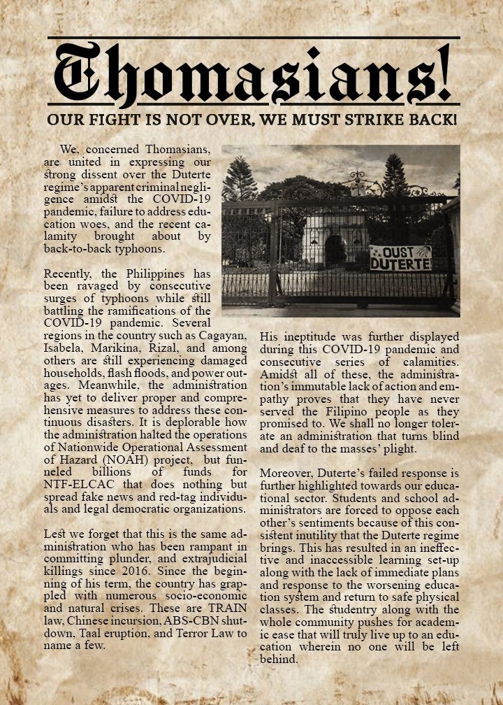 MADSyete's tweet photo. THOMASIANS, OUR FIGHT IS NOT YET OVER!

We call on the Thomasian community to fight for the ouster of Duterte and join the National Day of Action on Nov. 20!

SIGN NOW: https://t.co/mz0rhHjiZX

#AcademicEaseNow
#TomasinoStrikeBack 
#YouthStrikePH
#OUSTDUTERTENOW https://t.co/vmgRA1OIAw