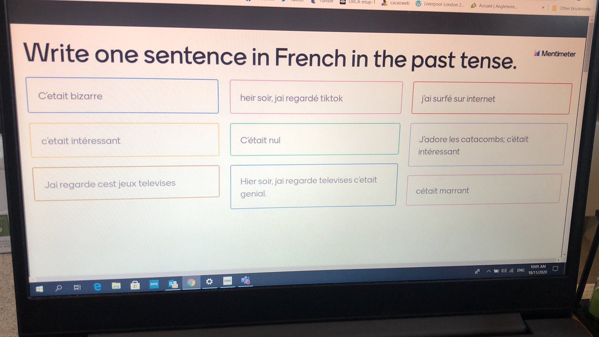 HoltMfl's tweet photo. Y8FR1 have been practising the past tense in French today. Here are a few sentences they shared at the end of the lesson using @Mentimeter 
Next lesson will start with them looking at the sentences and correcting them. https://t.co/rVPQElPTBX