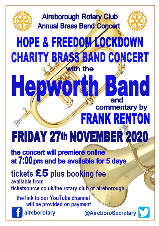AireboSecretary's tweet photo. This year the #Aireborough #Rotary annual charity #brassband #concert has moved online thanks to @hepworthband introduced by #FrankRenton
Tickets £5 are available from https://t.co/phD167jpFz
Proceeds will go to #local #charities and Rotary #causes #Leeds #Yorkshire #Festival https://t.co/jYlDuVYOp6