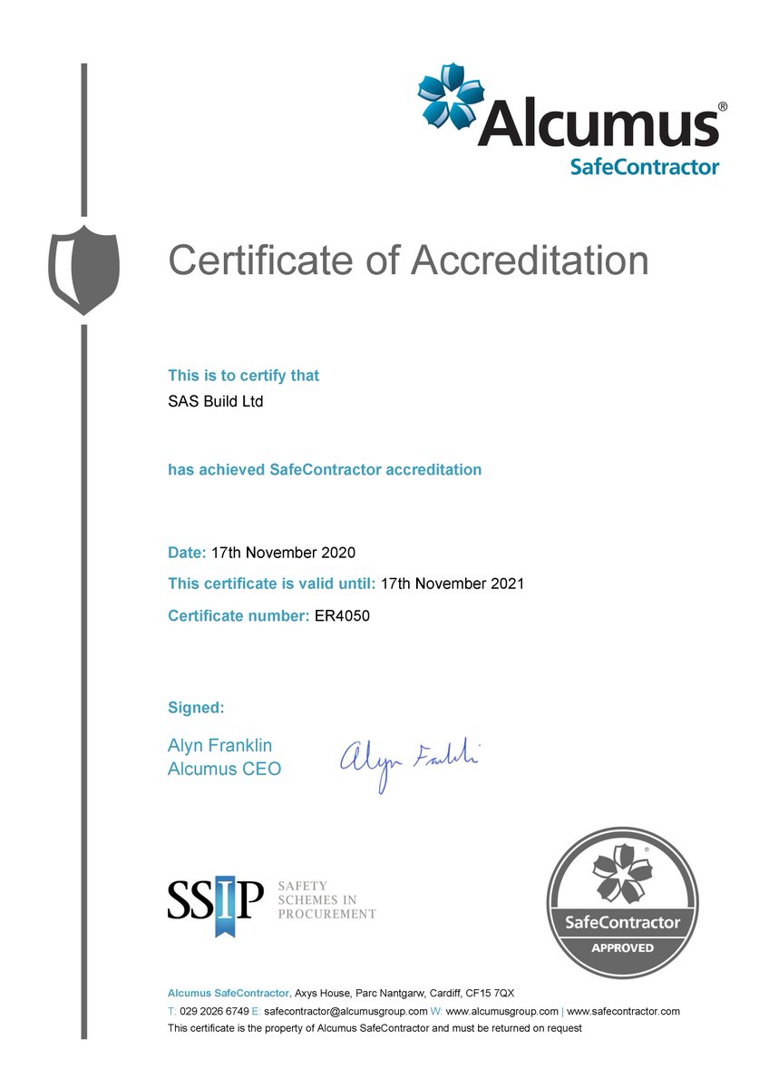 BuildSas's tweet photo. SAS Build Ltd has again been awarded accreditation from Alcumus SafeContractor for achieving excellence in health and safety in the workplace.  We are very proud that our commitment to #healthandsafety has been recognised with our #safecontractor status! https://t.co/z0LBSJSR15