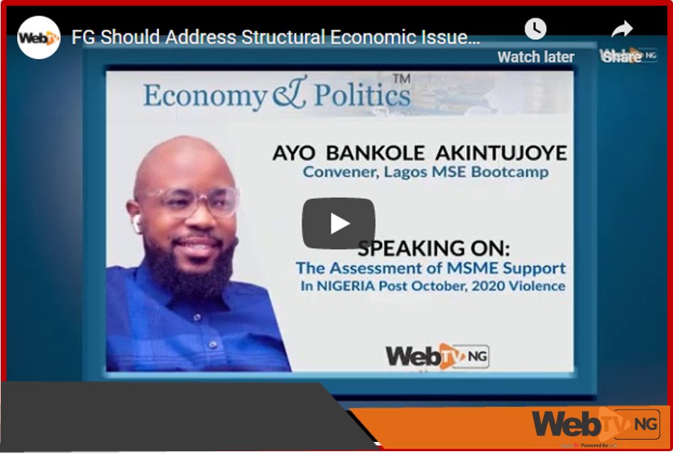 webtvnigeria's tweet photo. #VIDEO: FG Should Address Structural Economic Issues for #MSMEs to Thrive in Nigeria - @AyoBankole Convener #LagosSMEbootcamp 

cc: @MsmeStandards, @msme_africa, @smedaninfo, @NigeriaGov  

https://t.co/ZwcgGZili6 https://t.co/CkU1YmRJRn