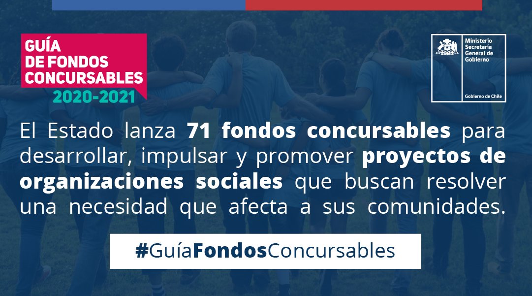 Conoce los fondos concursables que <a href="/GobiernodeChile/">Gobierno de Chile</a> tiene disponibles:
Ya está actualizada la #GuíaFondosConcursables, manual que te ayudará a conocer fechas, requisitos y fondos disponibles para organizaciones sociales.
Más detalles: s.gob.cl/2IL6ZwF