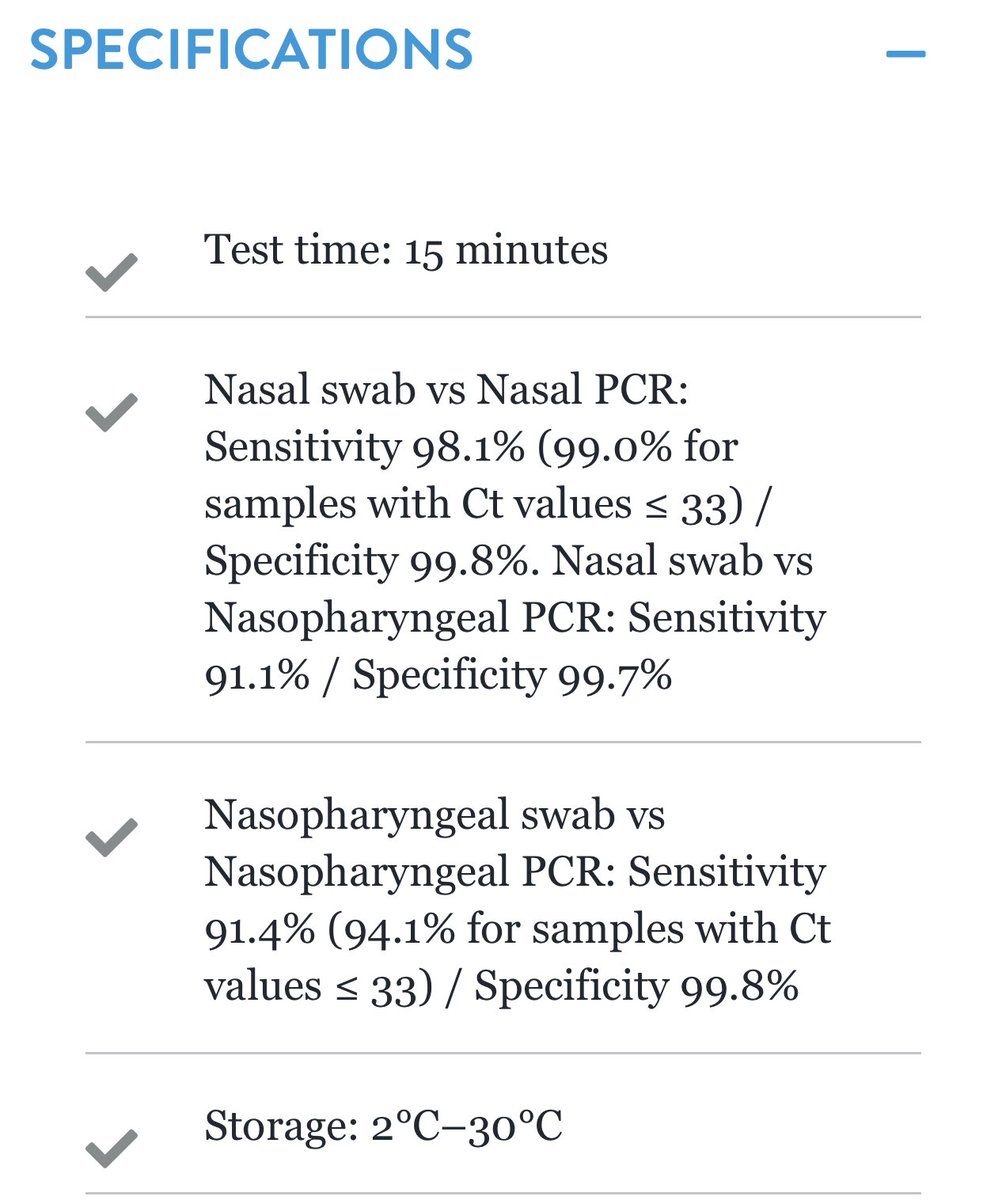 4) Now it’s not 100% perfect but comparing nasal PanBio rapid antigen test vs Nasal PCR  #COVID19 test:Sensitivity 98.1% (99.0% for samples with higher viral load PCR Ct<=33)Specificity 99.8% (ie 0.2% false positive)(Sensitivity is 91-94% vs deep nasopharyngeal PCR).