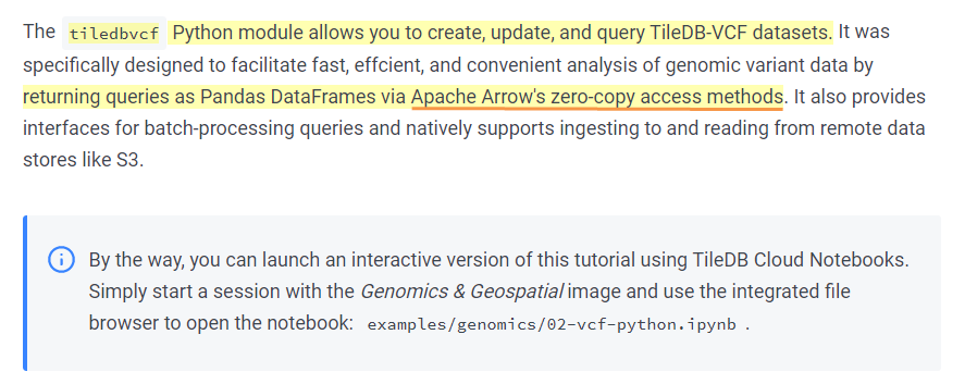 semanticbeeng's tweet photo. "tiledbvcf #Python module ... designed to facilitate fast, effcient, and convenient analysis of genomic variant data by returning queries as #Pandas DataFrames via #ApacheArrow's zero-copy access methods"

multi-dimensional arrays #DataFabric 
#TileDB #S3
https://t.co/JNHJPx6CNV https://t.co/W7JLhkmBQN
