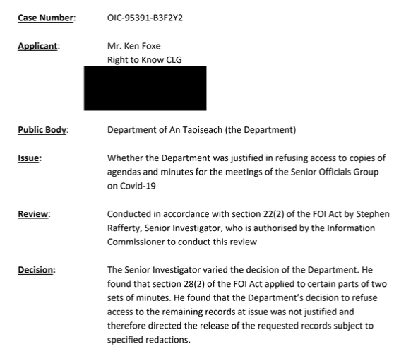 Through  @RightToKnowIE, we appealed this and have won our case. The Information Commissioner has ruled that the agendas and minutes for the group were not covered by Cabinet confidentiality. The records will have to be released (with some redaction)