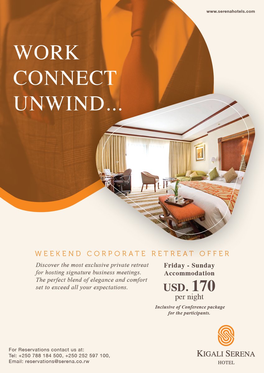kigaliserena's tweet photo. Work, Connect and Unwind with this weekend package for our corporate clients @kigaliserena #corporateretreat #AllInOnePackage for more info please see๐ https://t.co/jkIDs9kcr1