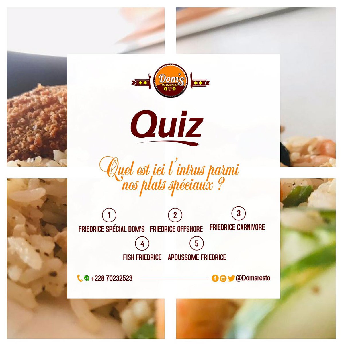 domsresto's tweet photo. Nous avons 4 plats spéciaux de friedrice.
Mais un intrus se trouve dans la liste ci-dessous. Sauriez-vous nous dire lequel ? 😉

1- Friedrice Spécial Dom's 
2- Friedrice Offshore 
3- Friedrice Carnivore 
4- Fish Friedrice   
5- Apoussome Friedrice

📞 +228 70 23 25 23

#domsresto https://t.co/8hrxkGE6cs