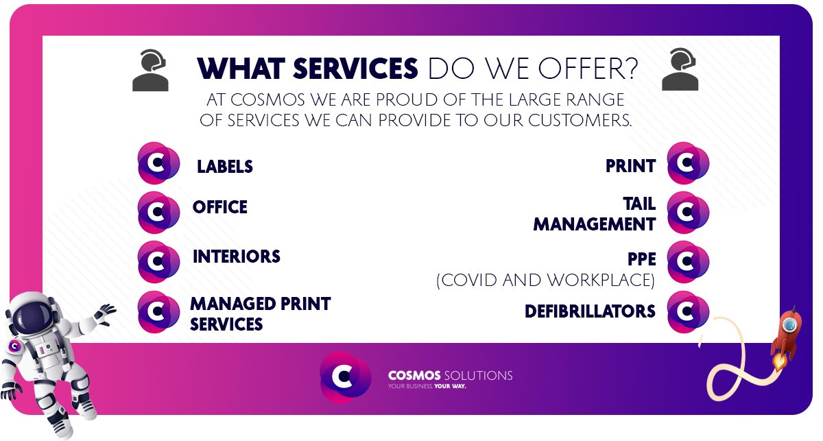 CosmosSolution1's tweet photo. At Cosmos we are proud of the large variety of services which provide to our customers, ranging from paper clips to defibrillators. To find out more about what we have to offer, head to our website https://t.co/MNM9fid0G5 
#officesupplies #Services #COVID19 https://t.co/1iYHeqV7W2
