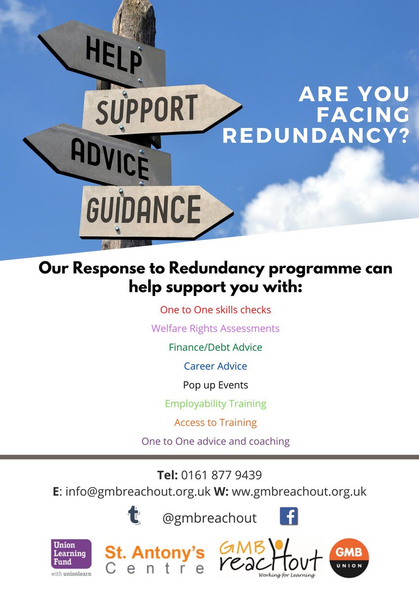 GMBReachout's tweet photo. All @gmbnwi members have access to our #Redundancy #Support programme.
We can assist members & provide quality #confidential help, advice & support to help with next steps.
To speak to a member of the team please call 0161 877 9439
https://t.co/FtkxBDJlMa #gmblearning https://t.co/jDEHtrJtEZ