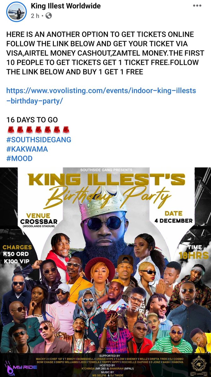 Simply_Rawmeo's tweet photo. @1king_illest KING ILLEST’S BIRTHDAY PARTY - Order tickets online or WhatsApp/call +260 97 4876586.

 Order Now https://t.co/bFICspLdhp 

#kingillest #Macky2 #Chef187 #bombshell #UrbanHype #willz #DriftaTrek #dimpowilliams #jedi #djonz #KABOVA #kachinga #djtwizie  #CrossBar #vovo https://t.co/AHhlCmIcOv