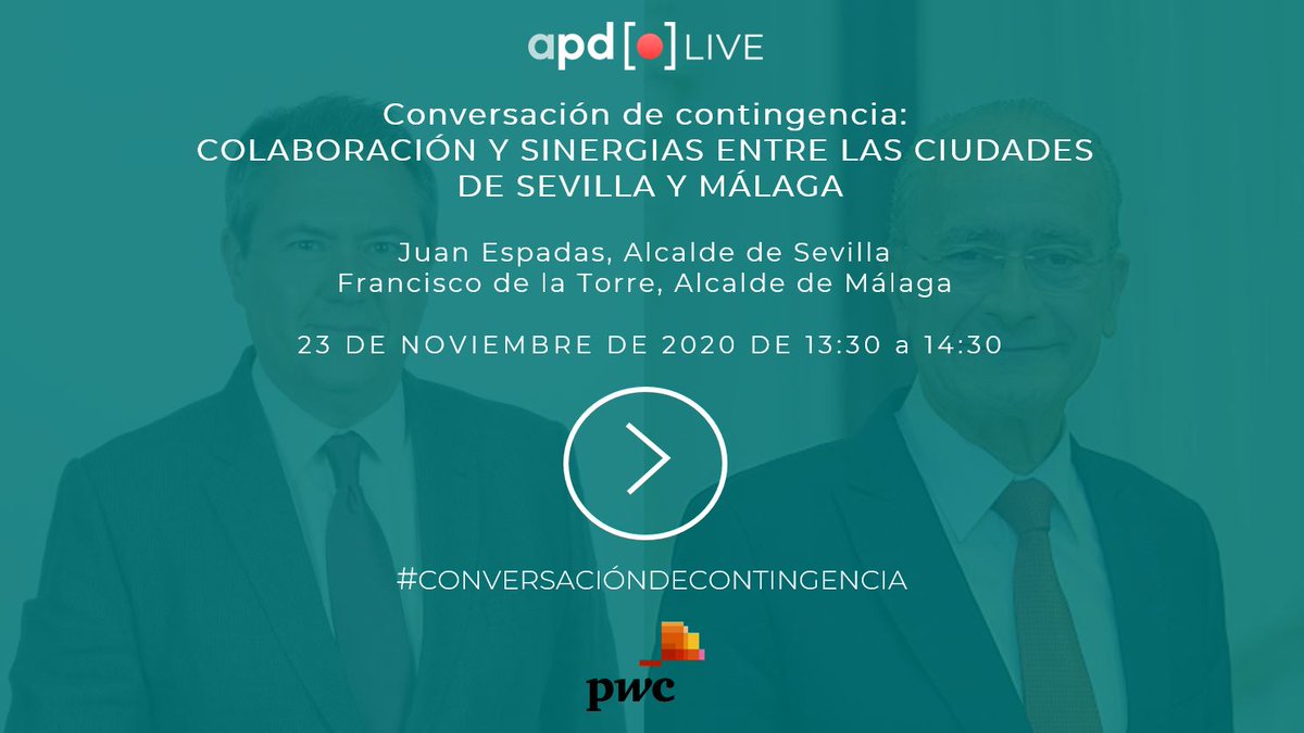 InsCarrasco's tweet photo. El prox lunes 23 a las 13,30h los alcaldes de #Sevilla y #Málaga conversarán sobre posibles colaboraciones y sinergias entre ambas ciudades. Pincha enlace para inscripción y +info ->  https://t.co/Md6kwOjEt9 @APDasociacion https://t.co/j1Vgc408Kt