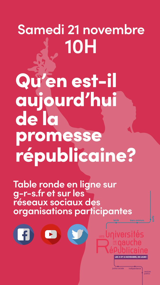 Gauche_RS's tweet photo. 🔴 RDV samedi 21/11 sur https://t.co/gsFKvrPKZh à 10h pour le premier débat des Universités de la Gauche Républicaine avec @yjadot @ThomasBranthome @ebenzekri @NoraHamadi @MartineStorti @CarolineFourest @marinettebache et @jluc_laurent. #UGR https://t.co/7LaCVnOr0p