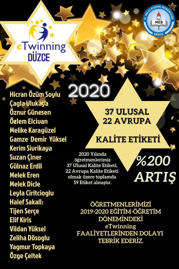 2020 yılında öğretmenlerimiz 37 Ulusal Kalite Etiketi, 22 Avrupa Kalite Etiketi olmak üzere toplamda 59 etiket almışlardır.
<a href="/tcmeb/">Millî Eğitim Bakanlığı</a> <a href="/ziyaselcuk/">Ziya Selçuk</a> <a href="/safran1958/">Mustafa SAFRAN</a> <a href="/Cevdet_Atay/">Cevdet Atay</a> <a href="/omerinan06/">Ömer İNAN</a> <a href="/okancbn/">Dr. Okan Çoban</a>