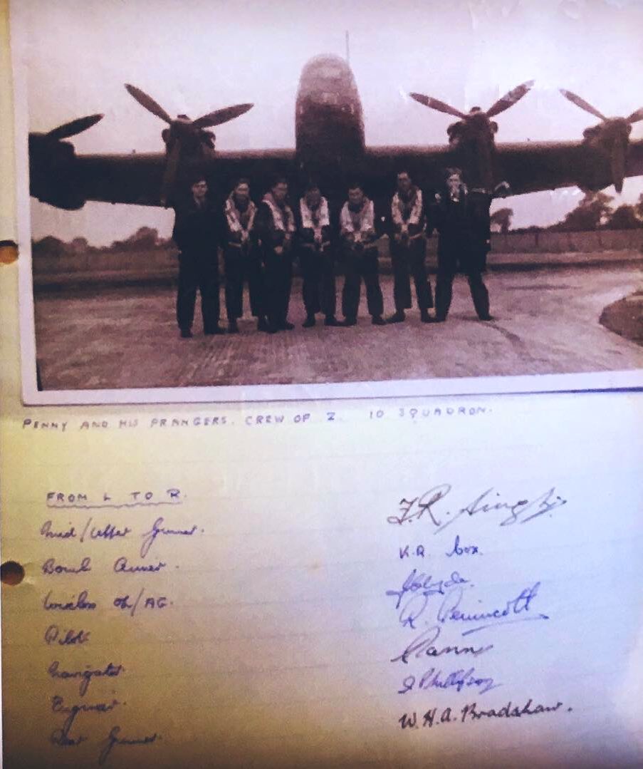 5) “Penny’s Prangers”... the original crew list belonging to skipper Reg Pennicott, signed by all the boys, showing them in front of Halifax Z-Zebra, 10.6.43. By the end of the war, 2 of this crew were dead, another a POW (p136-7)  #AboveUsTheStars