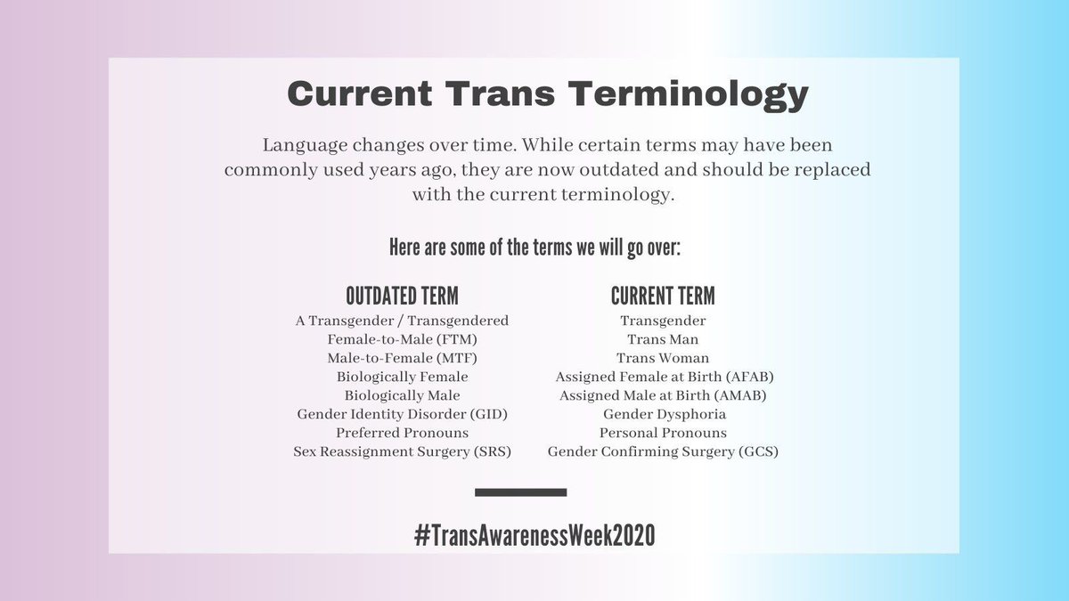 pureMPA's tweet image. In honor of #TransAwarenessWeek2020, here is a helpful guide to current terminology.