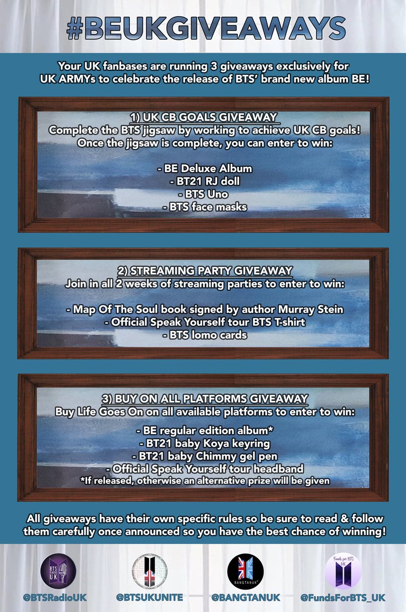 BTSUKUNITE's tweet photo. To celebrate 'BE', we've got lots planned for UK ARMY! 🇬🇧 (#PathToBE)
1. #BEUKStreamingParty
Two weeks worth of streaming parties for #LifeGoesOn and 'BE'!
2. #BEUKGIVEAWAYS
Prizes for streaming, buying and achieving our UK comeback goals!
@BTS_twt #BTS_BE #BEisComing https://t.co/K7ZiNPjCAi
