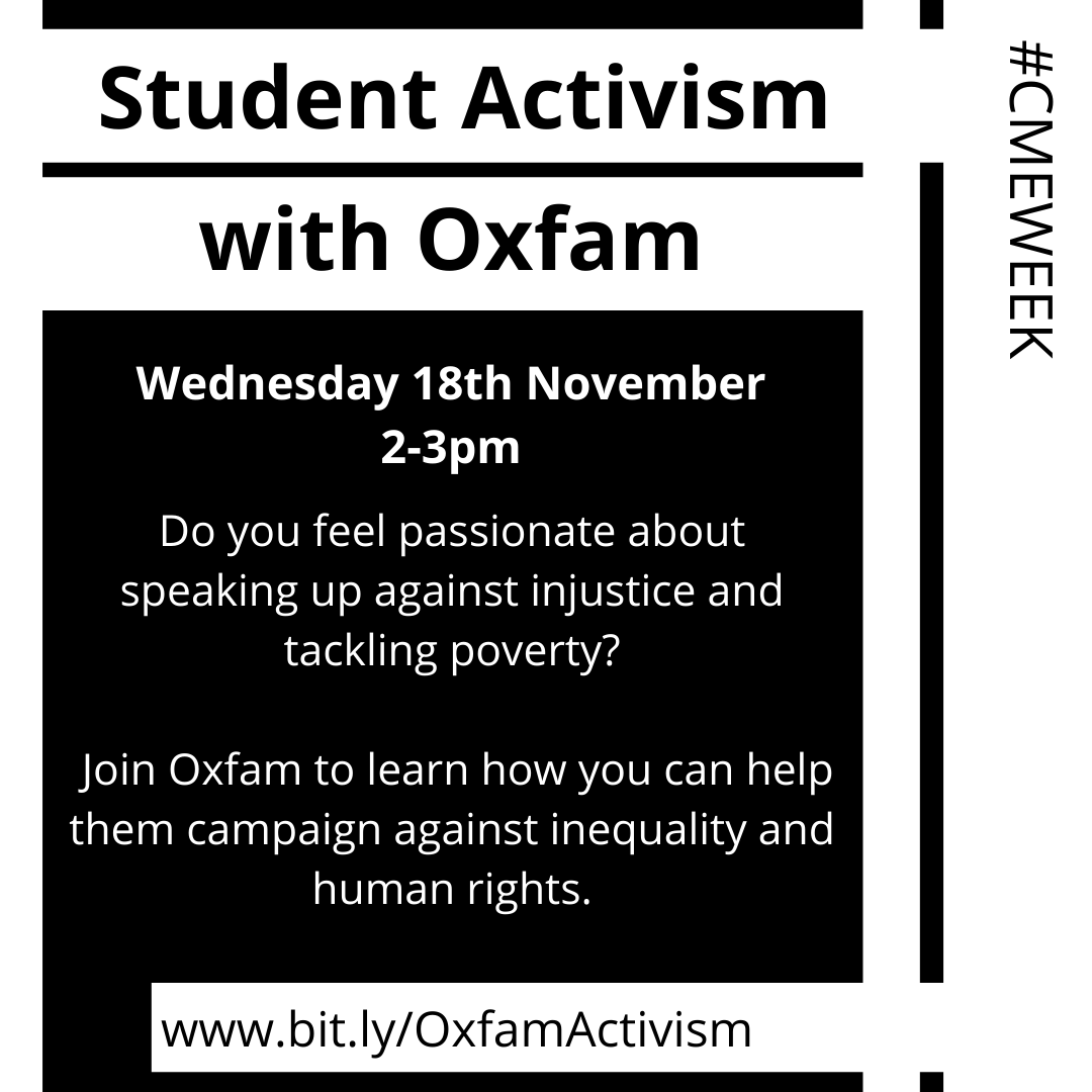 UON_Futures's tweet photo. TODAY AT 2PM Join Oxfam to learn how you can help them campaign against injustice and poverty #CMEWeek https://t.co/TpeItkXHZ0 https://t.co/CwvJdL6HIO
