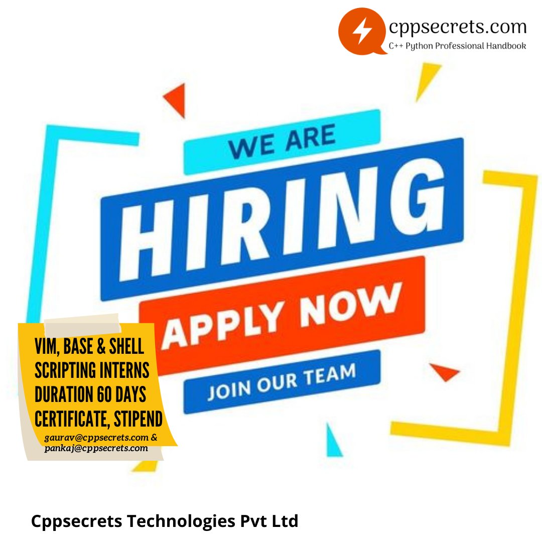 cppsecrets's tweet image. Interested mail your resume at gaurav@cppsecrets.com &amp;amp; pankaj@cppsecrets.com

#cppsecrets  #VIMEditor #Linux #internshala #cpluscplus #pythonprogramming #allaboutpython #pythonwaale #100DaysOfCode #100DaysWithCppsecrets #100DaysOfMLCode #100DaysOfLinux