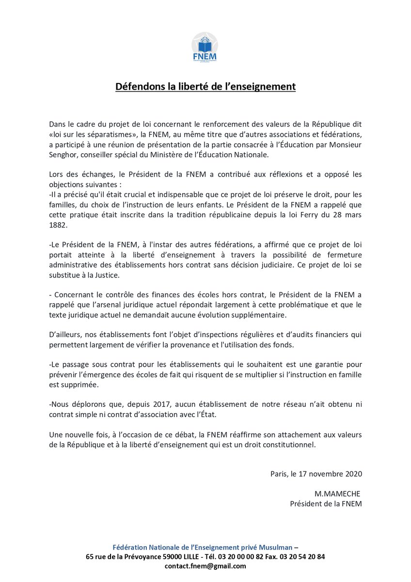 MF_Musulmans's tweet photo. Dans le cadre du projet de loi dit «loi sur les séparatismes», la #FNEM, a participé à 1 réunion de présentation de la partie consacrée à l’Éducation par Mr Senghor, conseiller spécial du Ministère de l’Éducation Nationale
#communiqué⤵️⤵️⤵️ https://t.co/eZx67HBuTX