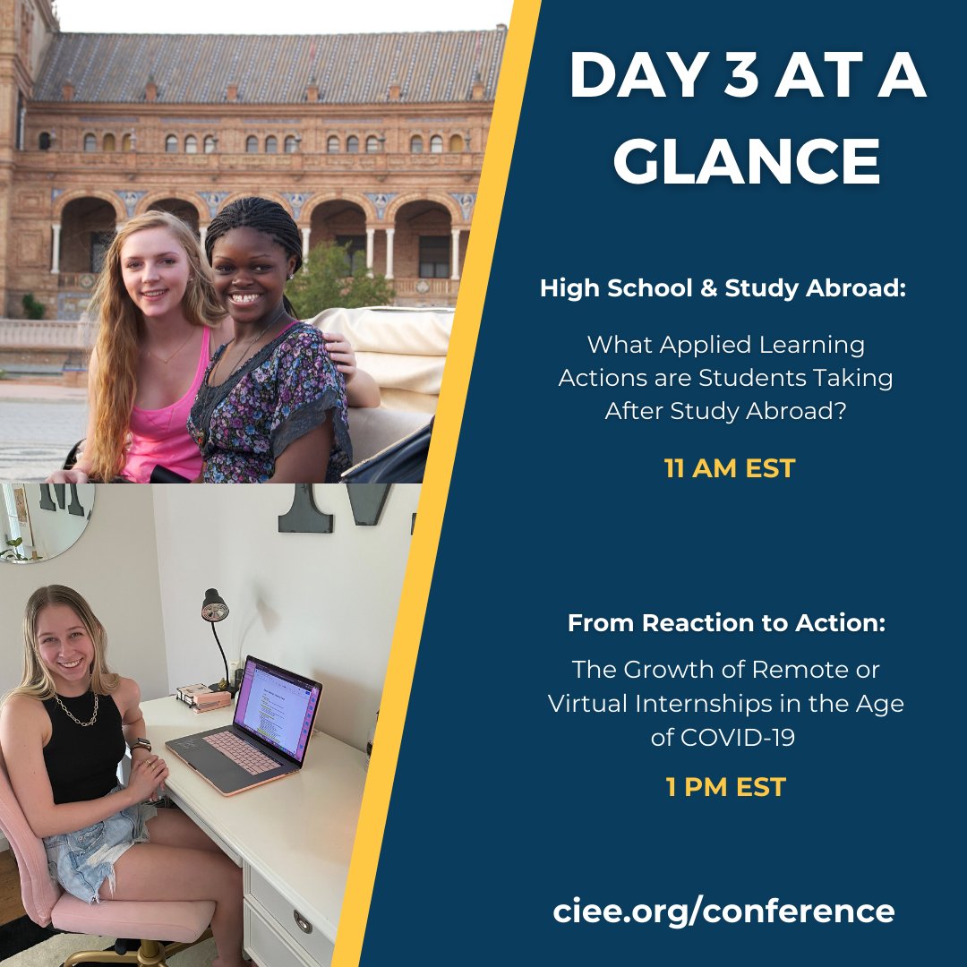 cieeconference's tweet photo. Today we dive deep into what applied learning actions students take after studying abroad - both in high school and in college! Then, we're taking a look at how remote or virtual internships have found success in the age of COVID-19. Join us: https://t.co/fgcVuP0z32 https://t.co/86kgI2y7TL