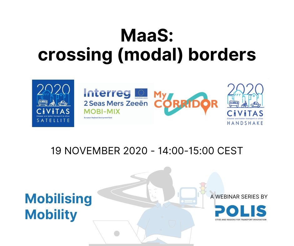Join the <a href="/POLISnetwork/">POLIS</a> webinar tomorrow for discussing   
"Mobilising Mobility: MaaS – crossing (modal) borders".

MyCorridor will be there sharing its experience on #MaaS 

🗓 19 November, 14:00-15:00

bit.ly/3pGmOFV @inea_eu #H2020
