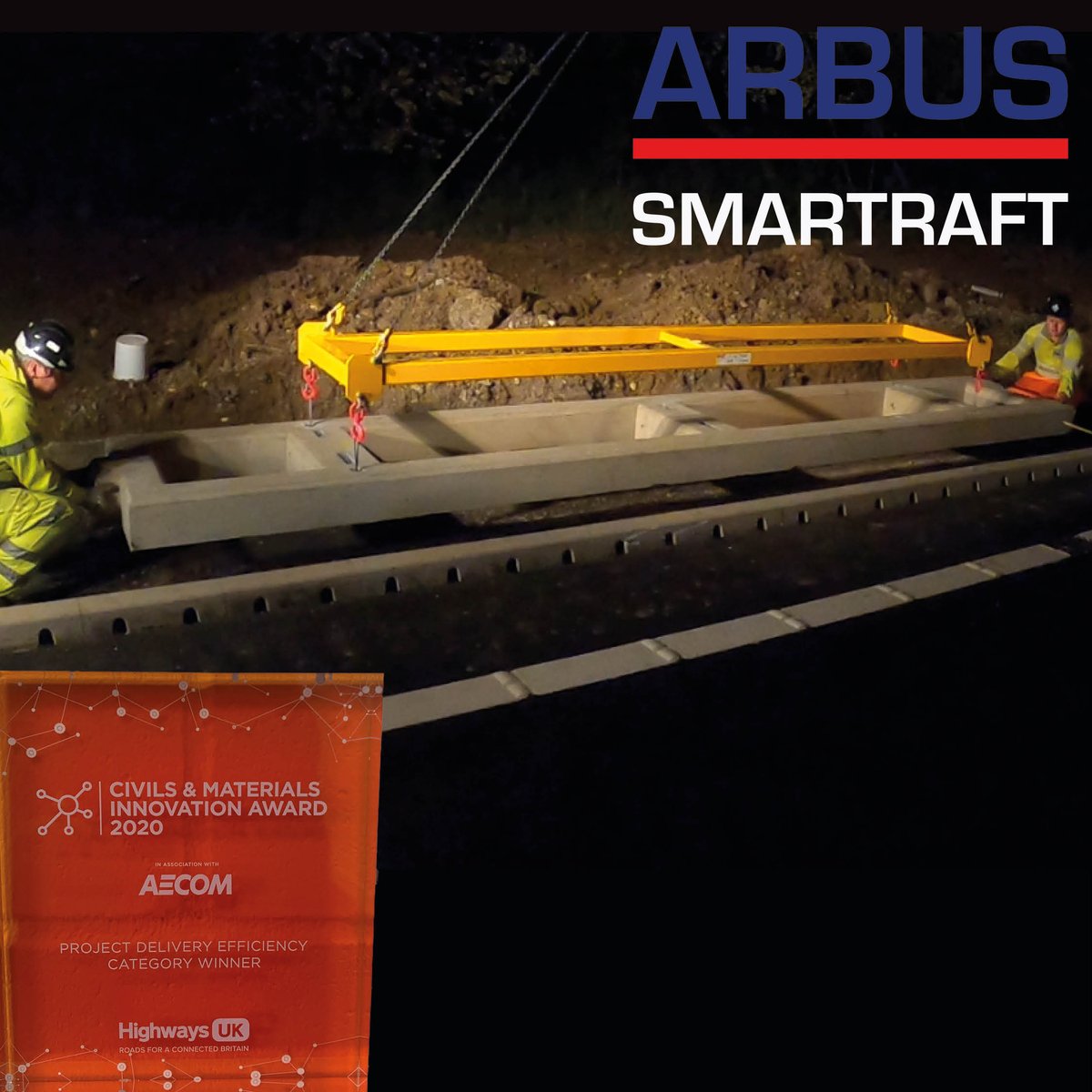 ArbusLimited's tweet photo. Arbus are proud winners of the HighwaysUK award for the Innovation category of Project Delivery Efficiency. 

If you would like more information on Smartraft®,  please visit https://t.co/4Be5Lyi9xk 

#smartraft #innovation #safetymatters #carbonreduction https://t.co/LajAHXh4e6