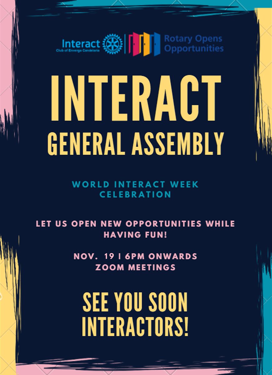 The long wait is over! 💙

The Interact Club of Enverga Candelaria will conduct its first-ever Interact General Assembly with the theme 'Interact: Opens OpportUNITY amid Diversity', a part of our celebration for the 2020 World Interact Week.

#RotaryOpensOpportunities