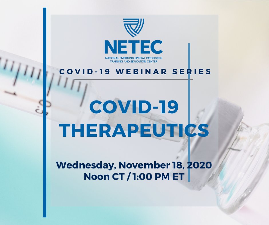 There’s still time to register to join <a href="/TheNETEC/">NETEC</a> today at 1 PM Eastern as they discuss current evidence surrounding clinical trials for #COVID19 therapeutics, and the <a href="/US_FDA/">U.S. FDA</a> Coronavirus Treatment Acceleration Program’s evaluation of new treatment options. unmc.zoom.us/webinar/regist…
