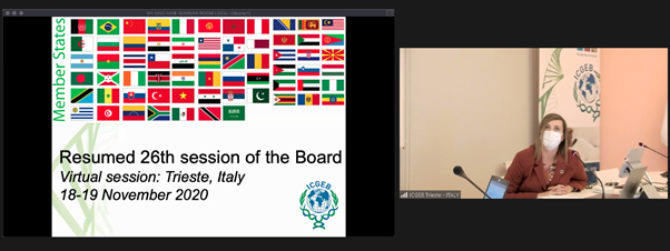 ICGEBCapeTown's tweet photo. '1st time in 26 years we have a virtual #ICGEB Board Session. A record number of participants incl. Member States, Signatory States, Observers, Private Sector &amp; Academia' Marianna Maculan, Secretary of the ICGEB Board &amp; Chief, External Relations #ScienceDiplomacy https://t.co/0bT2e1yTFM
