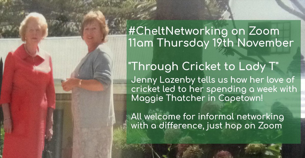 glosinfo's tweet photo. At #CheltNetworking, this week's 10 Minute Hot Slot is Jenny Lazenby telling us how her love of cricket led to her spending a week with Maggie Thatcher in South Africa.
All welcome, just hop on Zoom. https://t.co/ddXidwhqwn #glosbiz #cheltenham https://t.co/vf1VbhAtQs