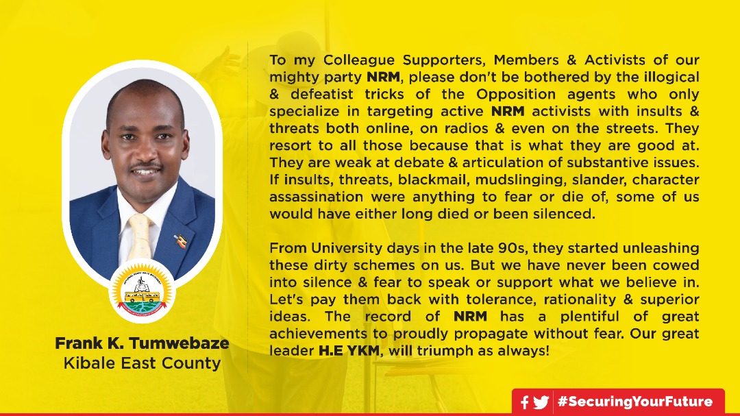 To fellow <a href="/NRMOnline/">NRM Party</a> supporters &amp; members I have a piece of advice for u as u navigate this campaign.Just don't be cowed into silence by these vendors of insults &amp; threats. We stand for a higher cause than  them...👇