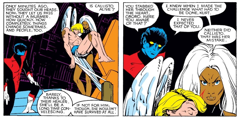 Kurt even admonishes her for her actions, perhaps unaware of the privilege that Storm has extended him in taking on the grim but necessary action herself. He had volunteered for the duel, but Storm replaced him, identifying the burden as belonging to the X-Men’s leader alone. 6/8