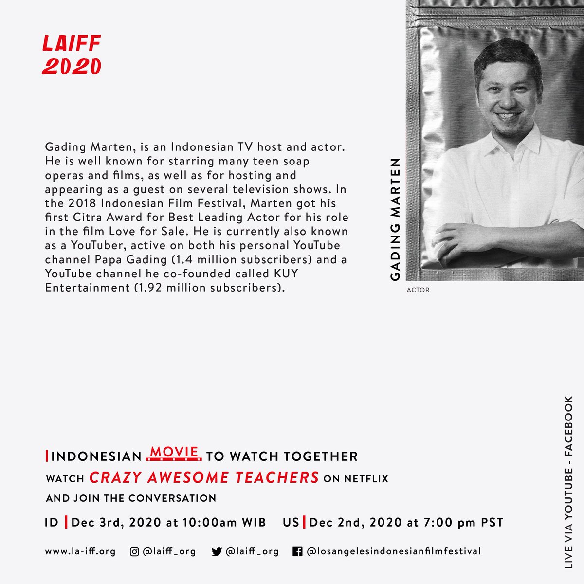 Watch Indonesia's Netflix Original Film "Crazy Awesome Teachers" (Guru - Guru Gokil) through Netflix, and join the exclusive interactive conversation with the producer <a href="/therealDiSastr/">Dian Sastrowardoyo</a> and the leading actor <a href="/gadiiing/">Gading Marten</a> through Zoom by registering yourself at bit.ly/LAIFF2020discu…!