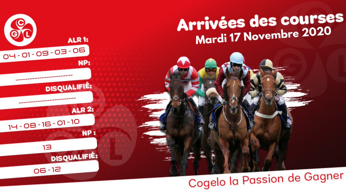 🚨 Arrivées des courses du Mardi 17 Novembre 2020. 
Chaque jour la COGELO travaille pour vous faire gagner...
#cogelo #ChezMoiAuCongo #pmu #lapassiondegagner #football #winfoot #Congo