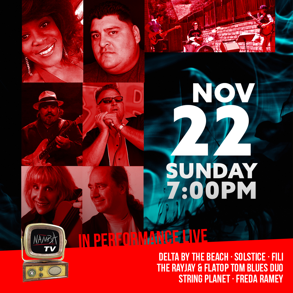 NambaArts's tweet photo. NAMBA presents IN PERFORMANCE LIVE!
Sunday, November 22 @ 7pm

    Delta by the Beach
    Solstice
    FILI
    String Planet
    The Rayjay &amp; Flattop Tom Blues Duo
    Freda Ramey

#VenturaLiveMusic #VenturaMusic #californialivemusic https://t.co/um2LuhKn0y