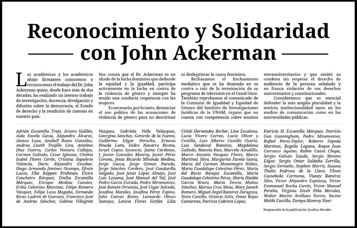 John M. Ackerman (@johnmackerman) on Twitter photo Agradezco enormemente el gran apoyo que me han dado las académicas y los académicos que hoy publican este desplegado en <a href="/LaJornada/">La Jornada Impresa</a> 🙏🏾✨ Agradezco enormemente el gran apoyo que me han dado las académicas y los académicos que hoy publican este desplegado en <a href="/LaJornada/">La Jornada Impresa</a> 🙏🏾✨