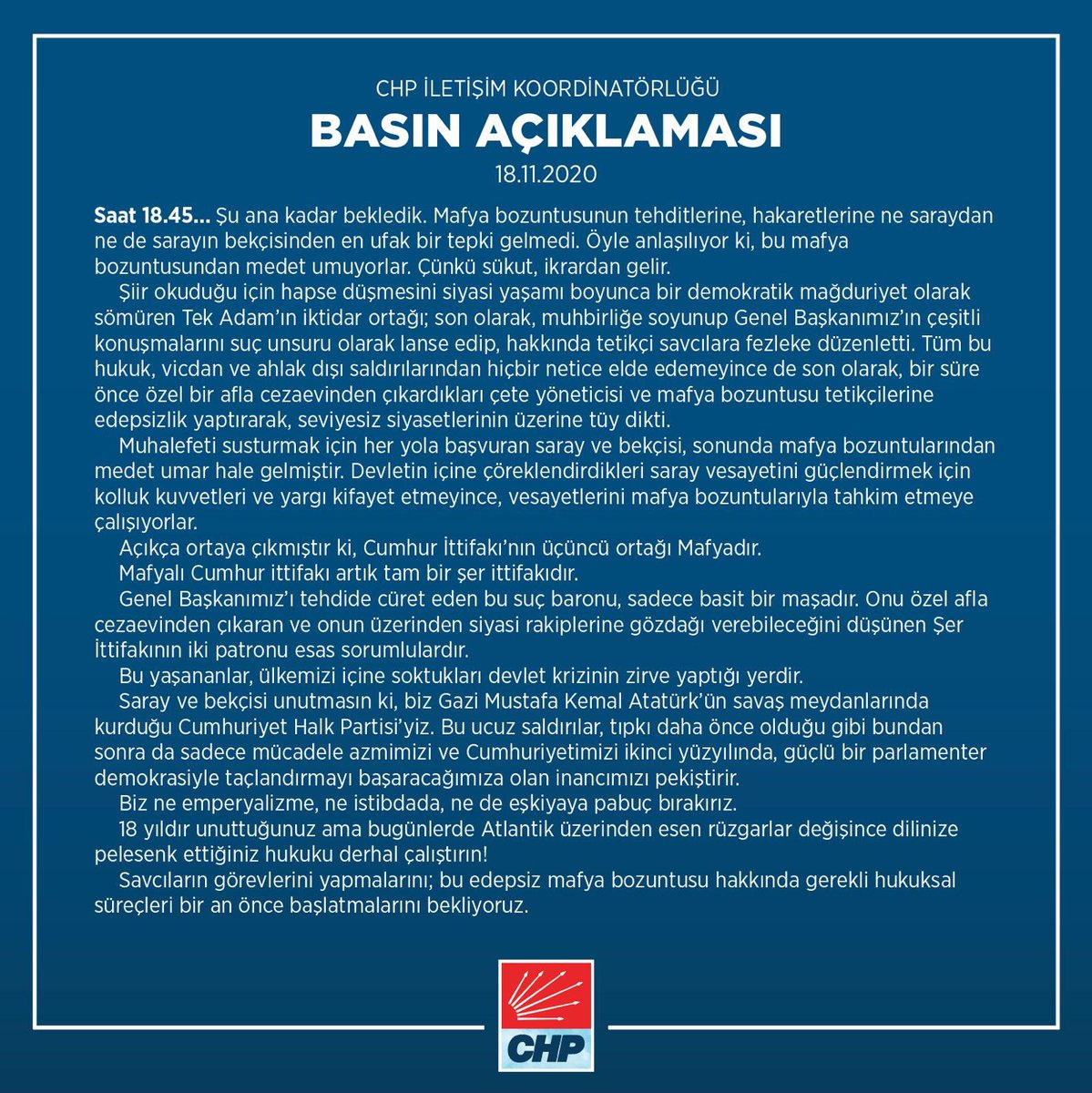 Açıkça ortaya çıkmıştır ki, Cumhur İttifakının üçüncü ortağı mafyadır.
Mafyalı Cumhur İttifakı artık tam bir şer ittifakıdır..