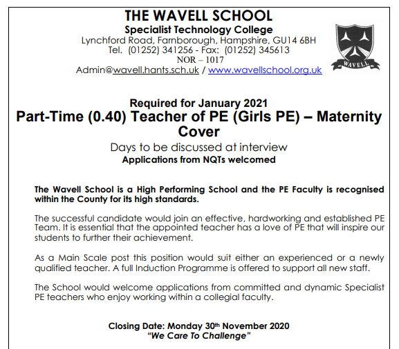 Wavell_PE's tweet photo. โญ PE VACANCY โญ
We are advertising for a Teacher of Girls PE (part-time maternity cover)
Please see our website for full details https://t.co/N9KeHQpc8g
Closing date: MONDAY 30th NOVEMBER 2020
โญ RETWEETS APPRECIATED โญ
@HantsOutdoors @i2iPartnership #teachingjobs #ukedjobs https://t.co/mD1wOfSeuh