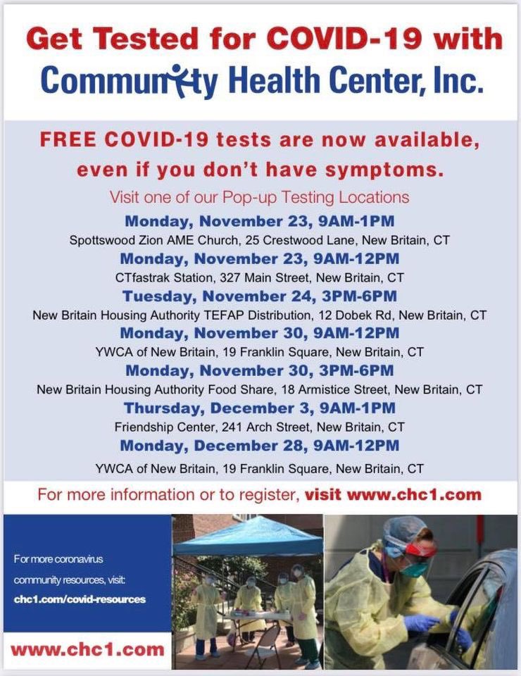 The lines at Community Health Center are long and causing traffic congestion.  Please visit any of the sites listed for free COVID testing.