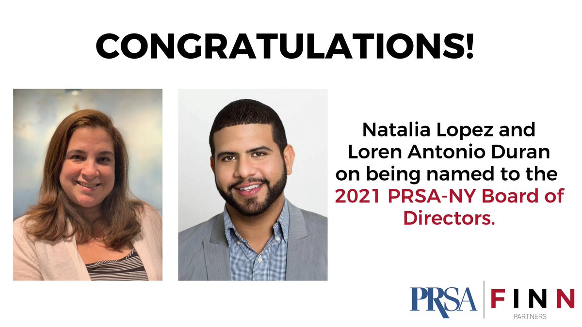 FINNPartners's tweet photo. FINN #Travel’s @Naty_Lopez and @SirLorenDuran have been officially named to the 2021 @prsany Board of Directors. Much deserved! https://t.co/Pi2GhK6SlV