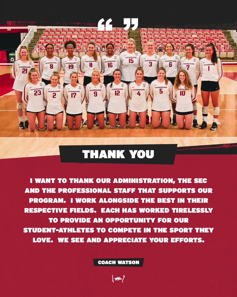 RazorbackVB's tweet photo. This fall wouldn't have been possible without the help of so many, and for that - we are forever thankful! ❤️

@SEC @HunterYurachek @RazorbackRules @RazorbackSADev @uarkbands and many more including our academic counselors, athletic trainers and strength and conditioning staff! https://t.co/c9QcDbqSpA