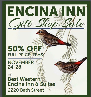 SBHotelGroup's tweet photo. Visit the lobby at the Encina Inn &amp; Suites next week for our annual Gift Shop Sale. https://t.co/g1aOsdlOx3