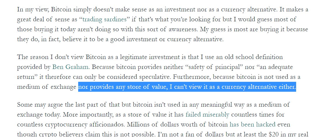 b. On store of value/ currency... It may be helpful to view Bitcoin as a scarce asset, or a commodity, or even a network before a currency.Two observations: - 200 week moving average has never gone down- the dollar is a great medium of exchange and an awful store of value
